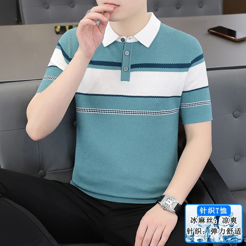 Summer New Style Men's Fashion Casual Knitted Hemp Silk Polo Shirt With Jacquard Short Sleeve