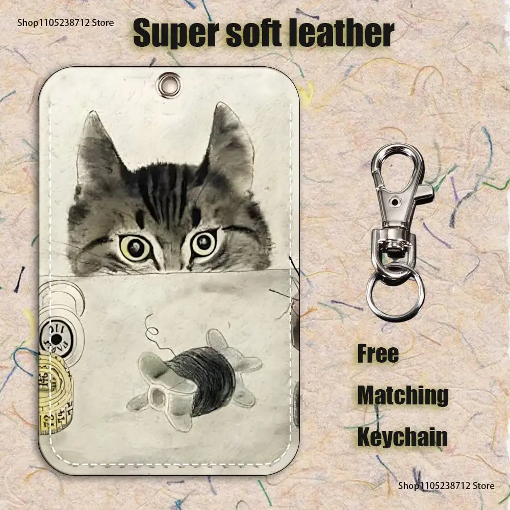 اليابانية خمر القط نمط 1 قطعة بو الجلود حامل البطاقة المفاتيح حلقة رئيسية قفل الباب الوصول العلامات بطاقة الهوية حالة المفاتيح بطاقة #3