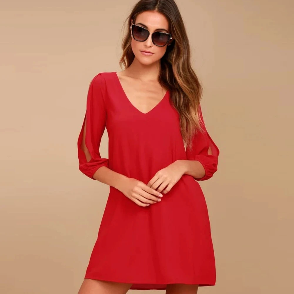 Biała plaża Cami letnia koszula sukienka kobiety dorywczo podwójne V Neck w stylu Casual Shift sukienki Sexy z długim rękawem wakacje sukienki Midi
