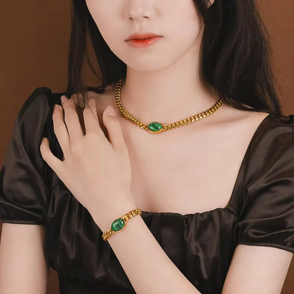 

Stainless Link Hip Hop 18K Gold Plated Miami Cuban Chain Inlaid Agate Necklace Bracelet Jewelry Set