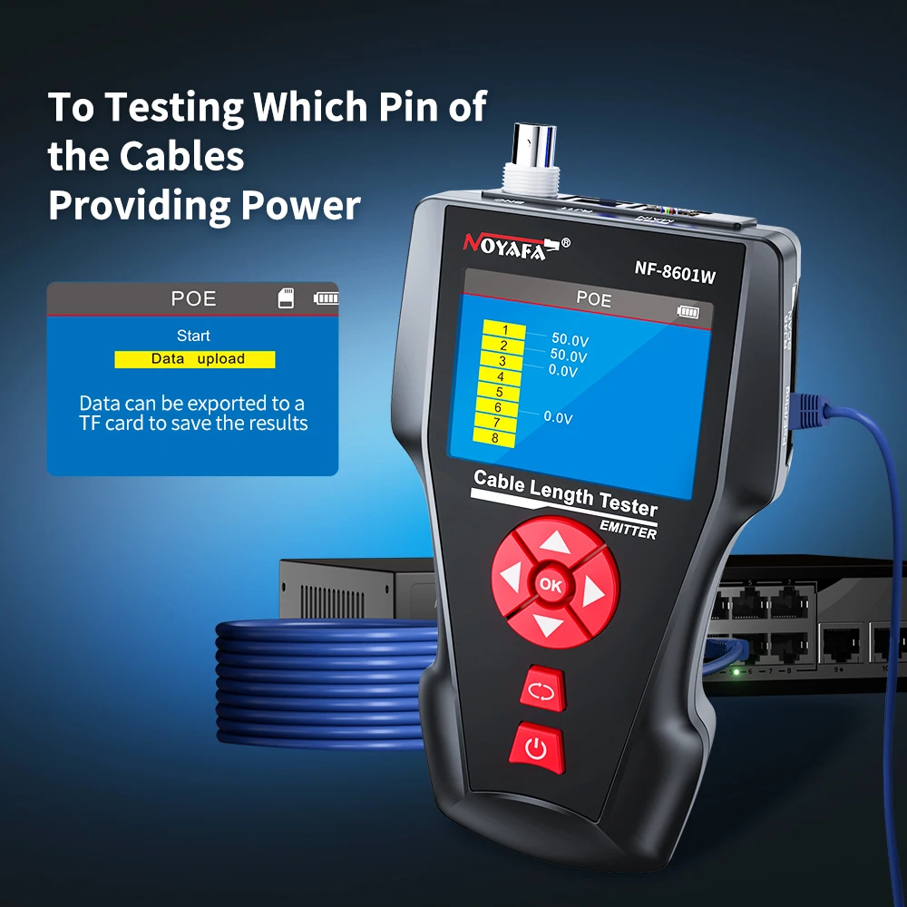 NOYAFA NF-8601W Tester kabli sieciowych Lokalizator kabli Ethernet z funkcją PoE/PING Pomiar długości Tester połączeń Narzędzia sieciowe — zdjęcie 5