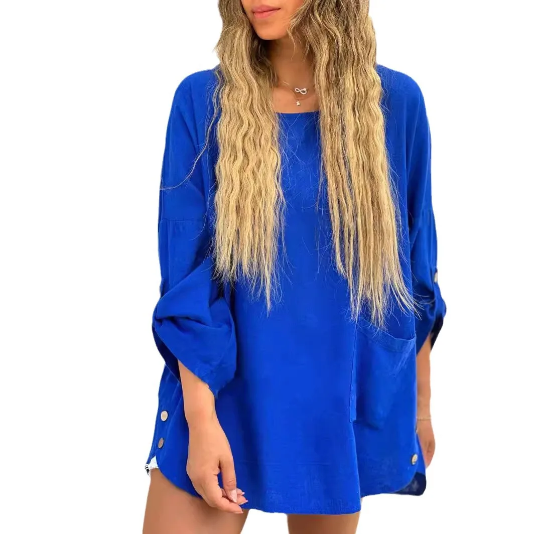 2025 ฤดูร้อนใหม่ชุดสตรีอารมณ์สง่างามสบายๆสีทึบหลวมรอบคอปุ่มแขนยาว Midskirt ชุด