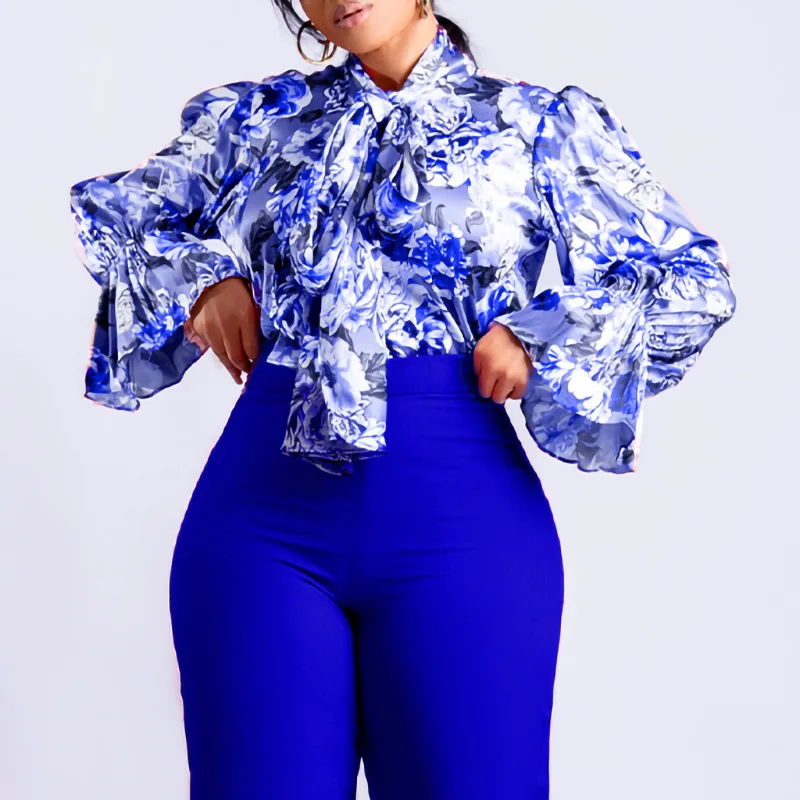 

Темпераментная пригородная женская рубашка, осень 2023, новые повседневные универсальные топы, модная рубашка с пышными рукавами и принтом, рубашка с полуоткрытым воротником