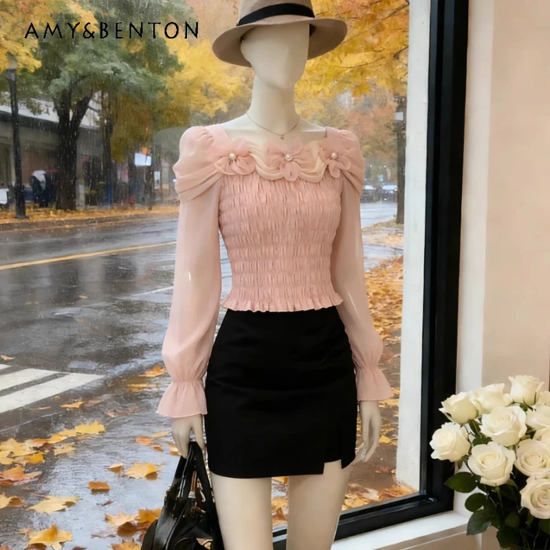 

French Design 3D Flower Off-Shoulder Lantern Sleeve Women's Chiffon Blouse 2026 Spring Autumn New Ruched Slimming Top Ladies