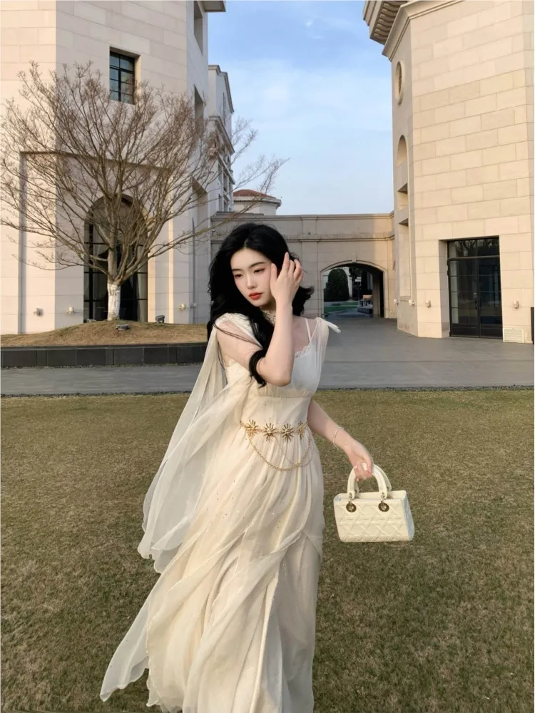 

Elegant design flowing silver mesh gauze dress