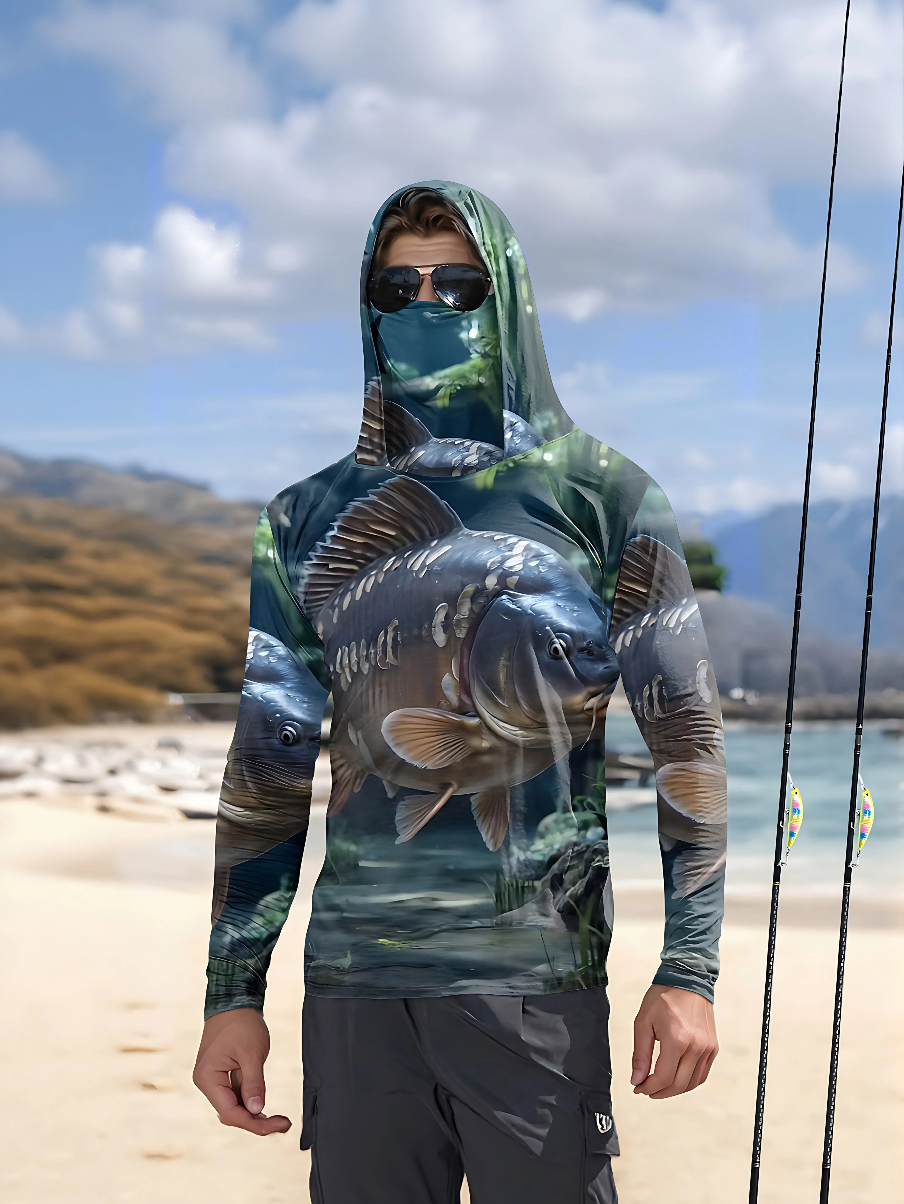Men's long-sleeved T-shirt with sun protection hooded jacket protective mask one-piece outdoor long-sleeved top