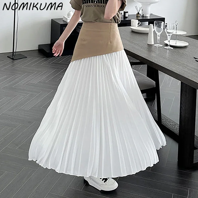 Nomikuma Fashion Hit Color Patchwork gonne lunghe a vita alta causale a-line donna elegante coreano P; Gonna eated Faldas De Mujer