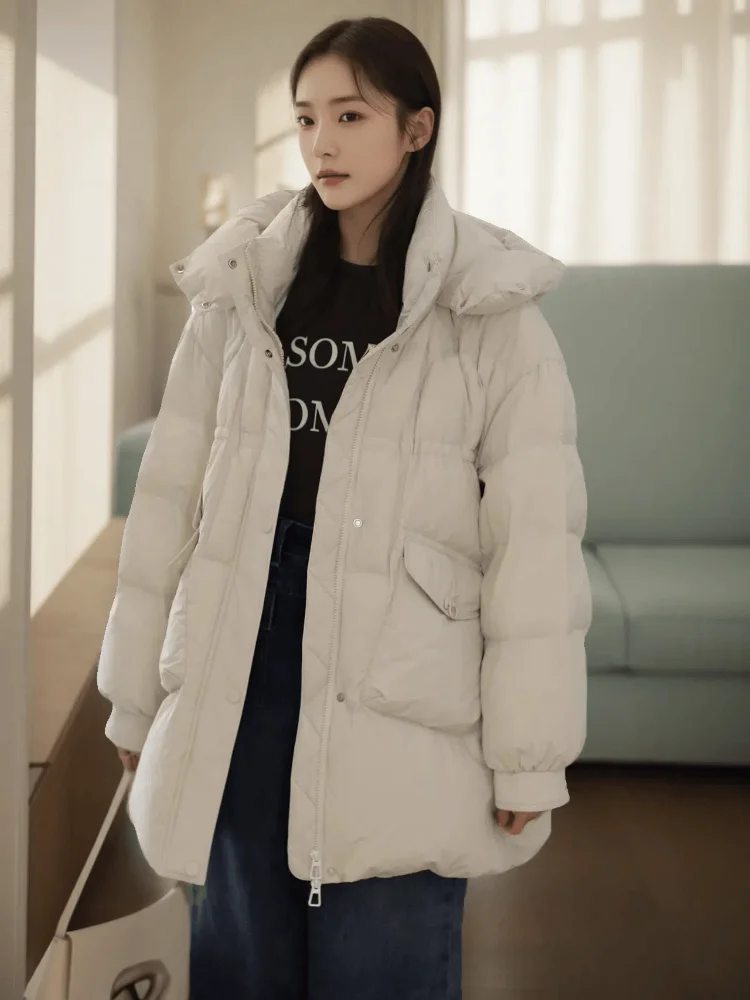 

Women's Casual Loose Mid-Long Puffer Jacket, Winter Clothes, 90% White Duck Down, Thickened Warm, Monochromatic Hooded Outerwear