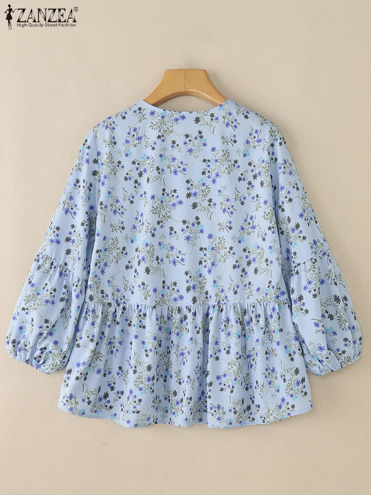 ZANZEA Mode Pintuck Chemise Femme Casual Ditsy Bloemen Gedrukt O-hals Verstoorde Zoom Tops Zomer 3/4 Lantaarn Mouw Dames Shirts