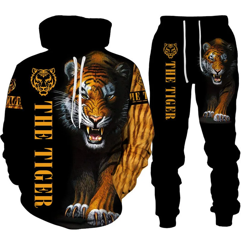 Cool Tiger 3D Animal Print Hoodie+Pants Suit Long Sleeve Pullover Men\'s Sportswear Tracksuit Couple Outfit Two Piece Jogging Set