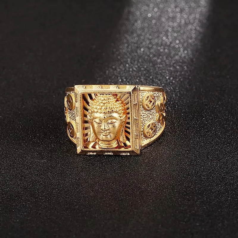Men\'s Gold Color Ring Buddha Finger Ring Resizable Buddha Head Carved Ring Buddhist Jewelry