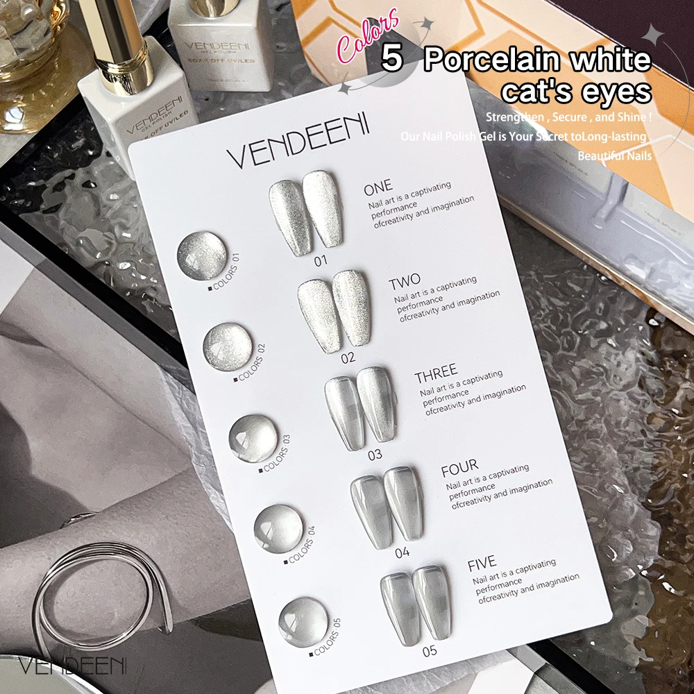 Vendeeni 5-Farben Silber Kristall Katzenaugen-Gel-Nagellack-Set Magnetischer UV-Soak-Off-Gel-Lack Glasperlen-Katzenaugen-Gel mit Display – Detail 1
