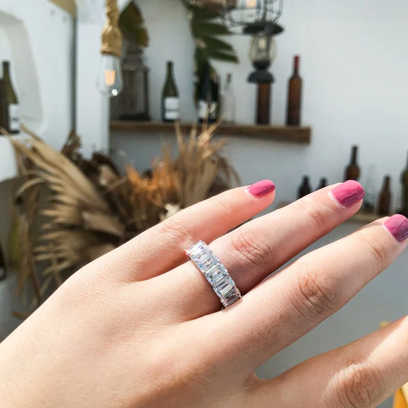 925 Sterling Silver Emerald Cut Eternity Engagement Ring Simulated Diamond Wedding Silver Full Eternity Ring  Jewelry