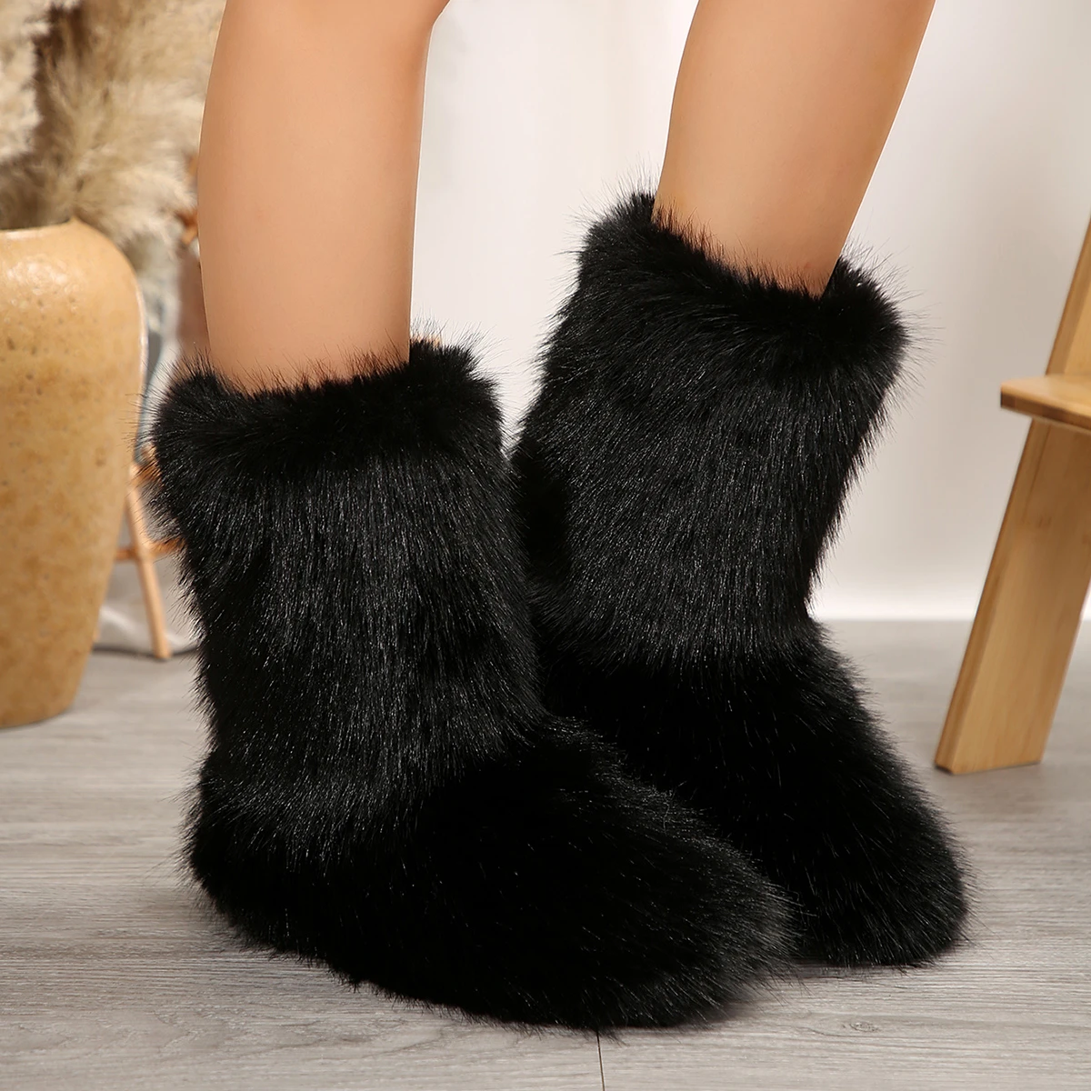 Women Winter Black Shank High Fluffy Boots Ladies Furry Faux Fox Fur Long Warm Shoes Girls Designer Large Size Plush Fur Boots