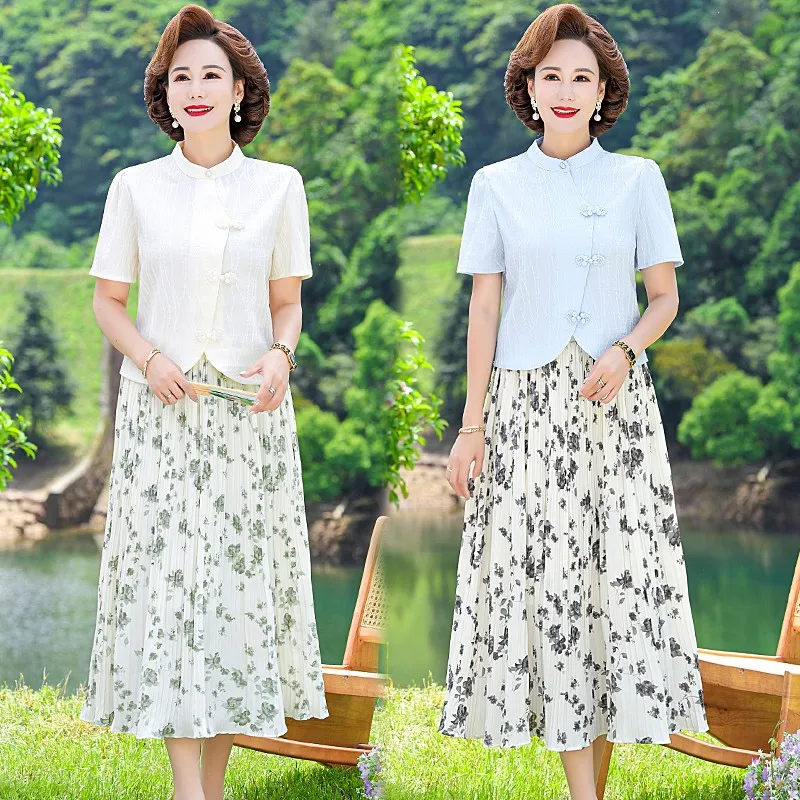 

Summer TwoPiece Set Outfits For Women Elegant Ladies Vintage cheongsam top +Floral Printed Pleated Long Skirt Sets 2 Piece Suit