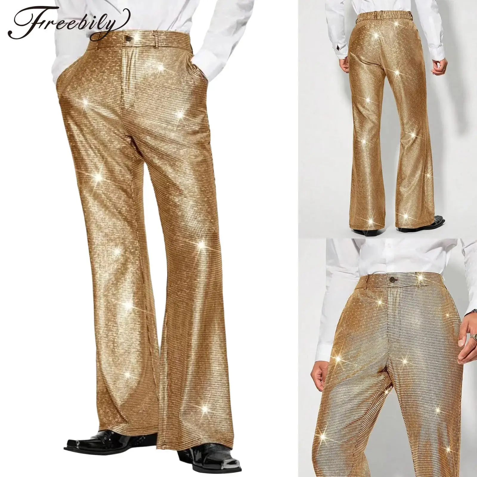 

Mans Bling Glitter Dance Pants Flares Sequins Flared Pants Trousers Jazz Dance Party Outfit 70s 80s Disco Costume Streetwear