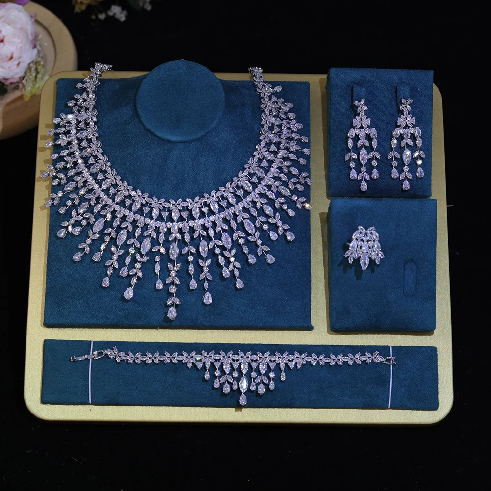 

ZY UNIQUE Luxury Dubai Bridal Nigeria CZ Crystal Wedding Full Zirconia Necklace 4pcs Jewelry Sets For Women Party