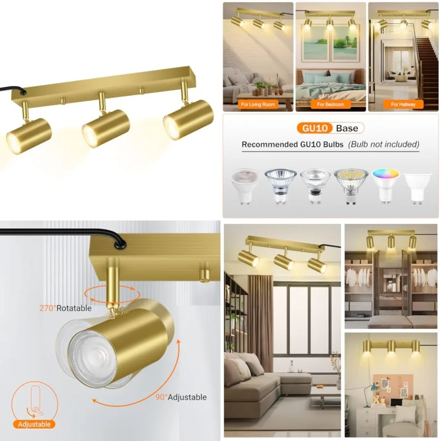 

3 Light Track Lighting Kit, Gold 3 Way Modern Plug in Ceiling Spotlight, Industrial LED Wall Light for Kitchen Cabinet Gallery
