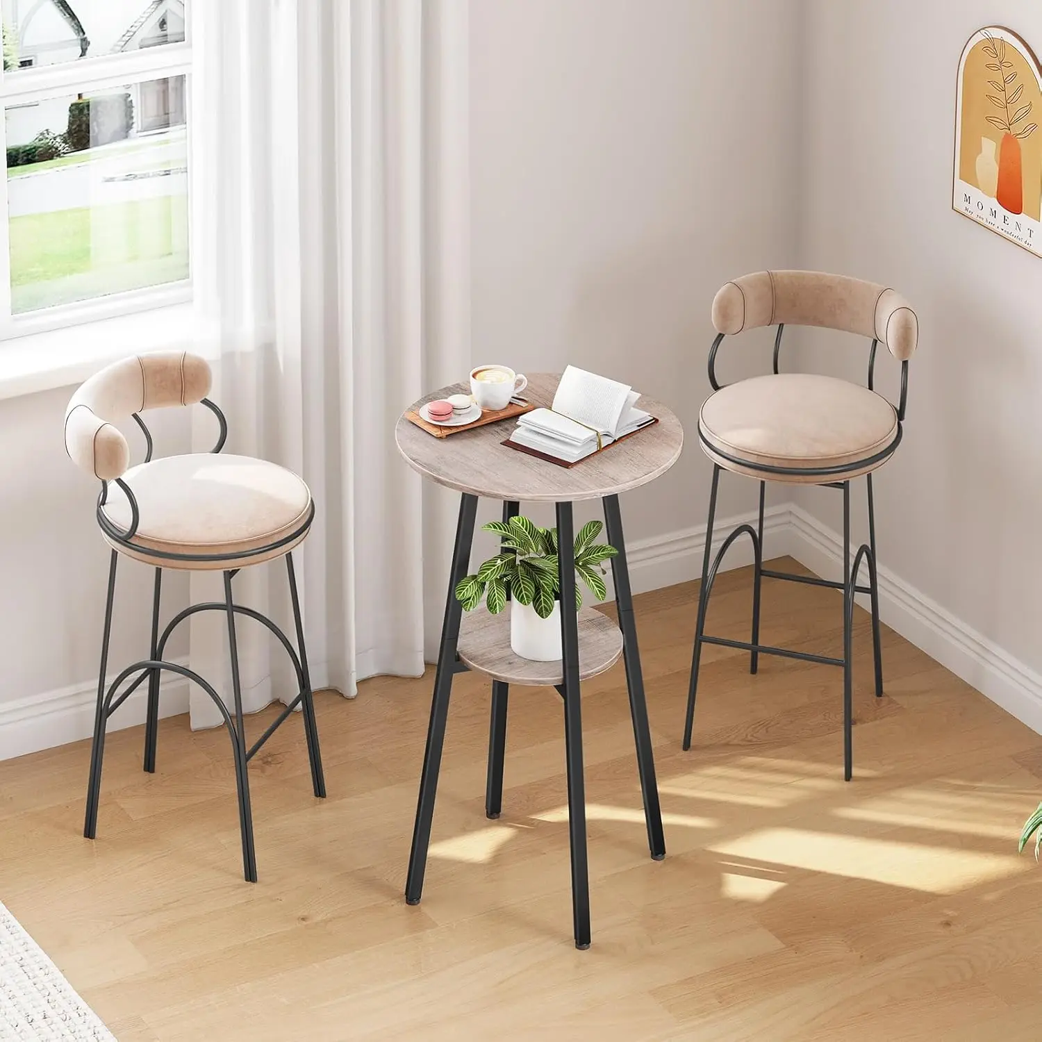 Round Pub Table with Storage, 2-Tier Bistro Table for Small Spaces, Easy to Assemble in Greige
