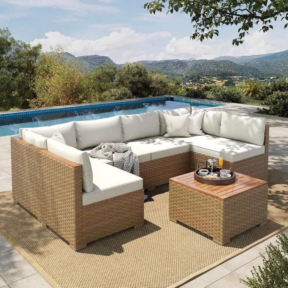 

7-Piece Outdoor Sectional Set with 6 Seats, Rattan Patio Furniture, Sofa and Wooden Coffee Table for Garden and Backyard, L-Shap