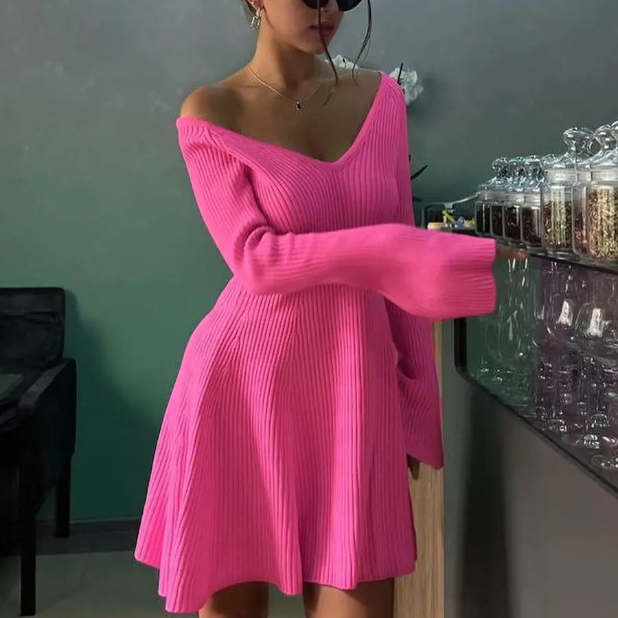 

Autumn Knit Dress Women Fashion Long Sleeve V-neek Ruffle Hem Female Mini Sweater Dresses Solid Sexy Waist Lady Casual Robe 2024