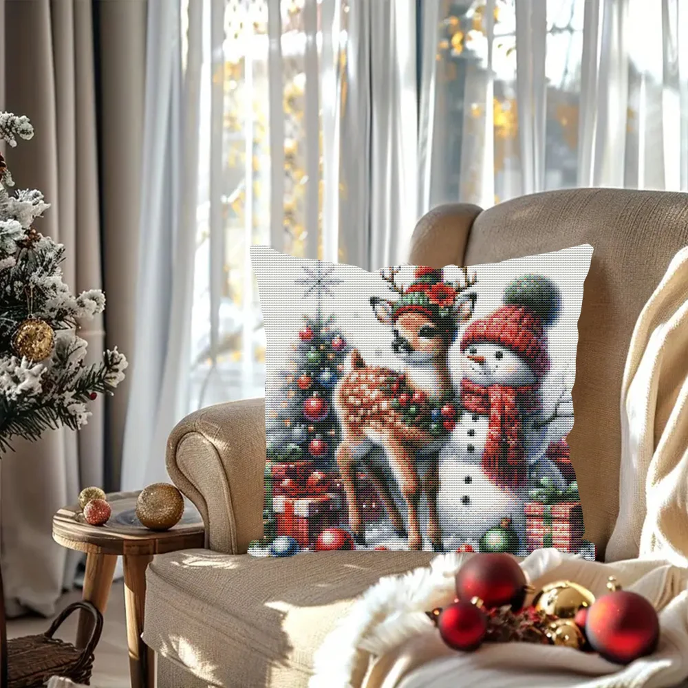 HUACAN DIY Cross Stitch Pillow Snowman Full Embroidery Animal Deer Winter 11ct Printed Canvas Christmas Unique Gift