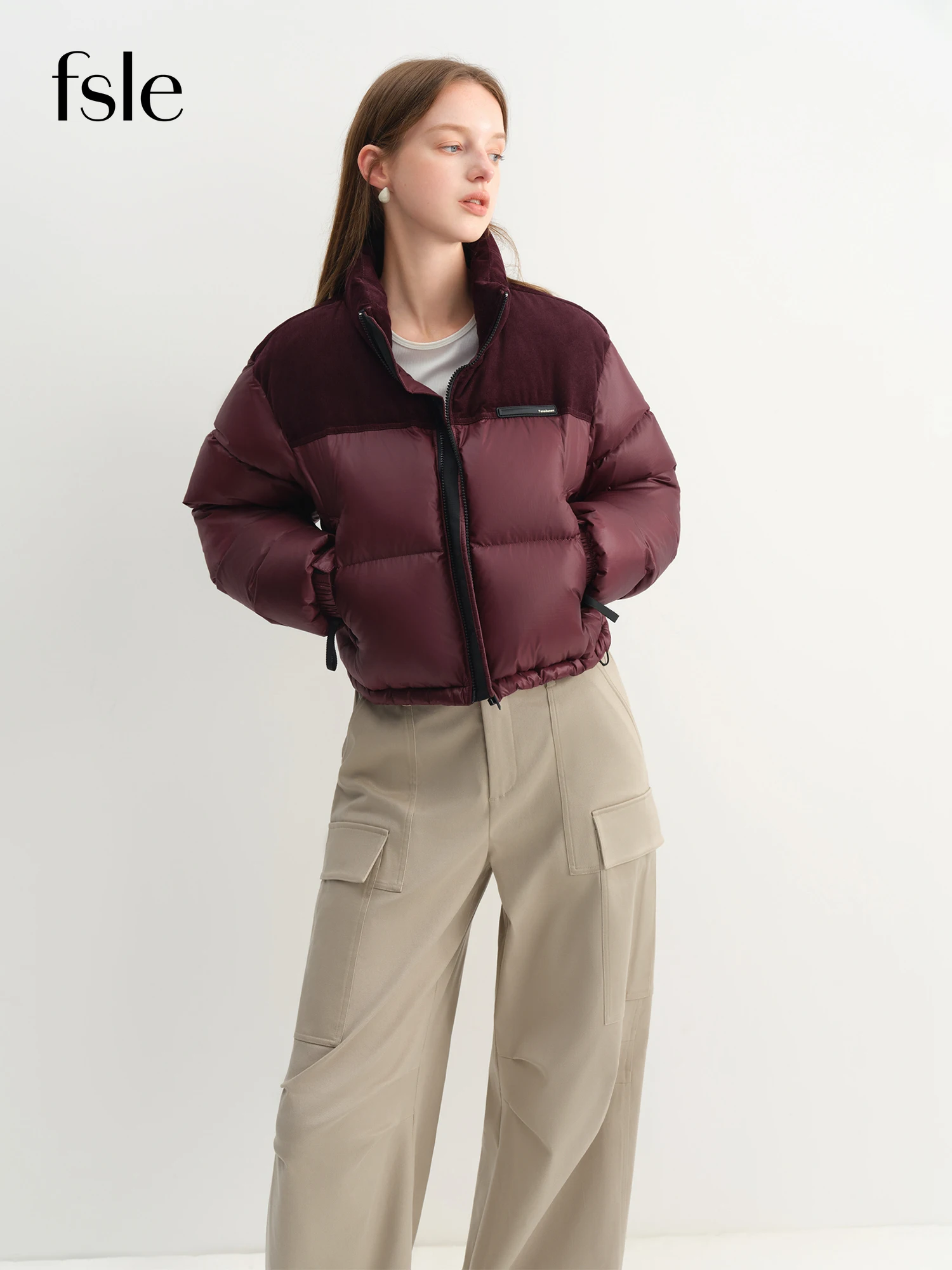 

FSLE 2025 Winter Women's Short Puffer Coat - Color Block Design Stand Collar Thermal Insulated Jacket Comfort for Casual Warmth