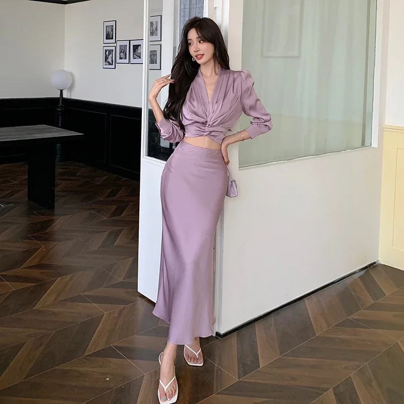 

Женская милая модная повседневная одежда, топы с v-образным вырезом и короткими рукавами и высокой талией, элегантная темпераментная юбка, женский комплект из двух предметов