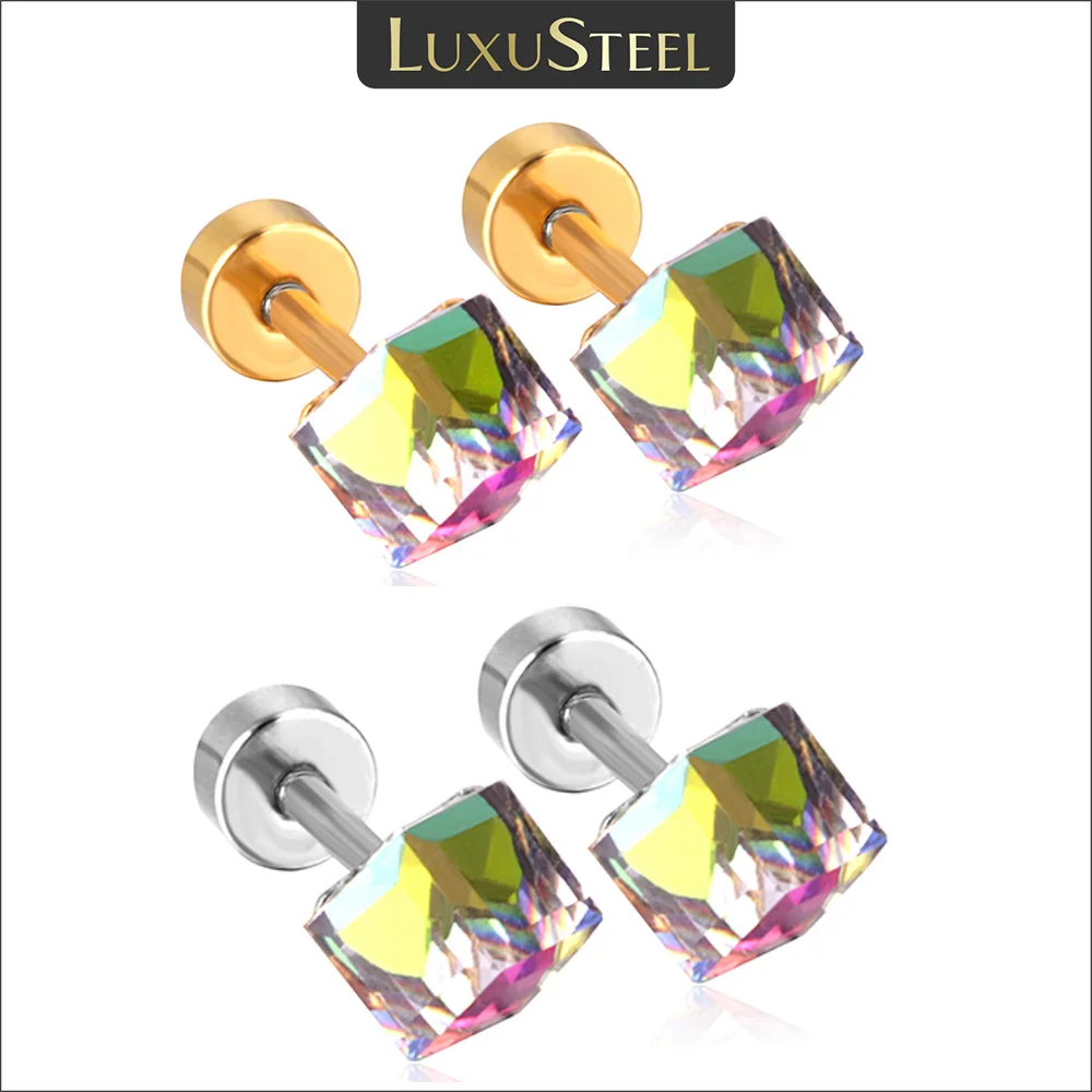 LUXUSTEEL 4MM Colorful Crystal Stud Earrings For Women Men Gold Color Stainless Steel Screw Pack Bling Party Jewelry Gifts