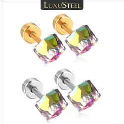 LUXUSTEEL 4MM Colorful Crystal Stud Earrings For Women Men Gold Color Stainless Steel Screw Pack Bling Party Jewelry Gifts