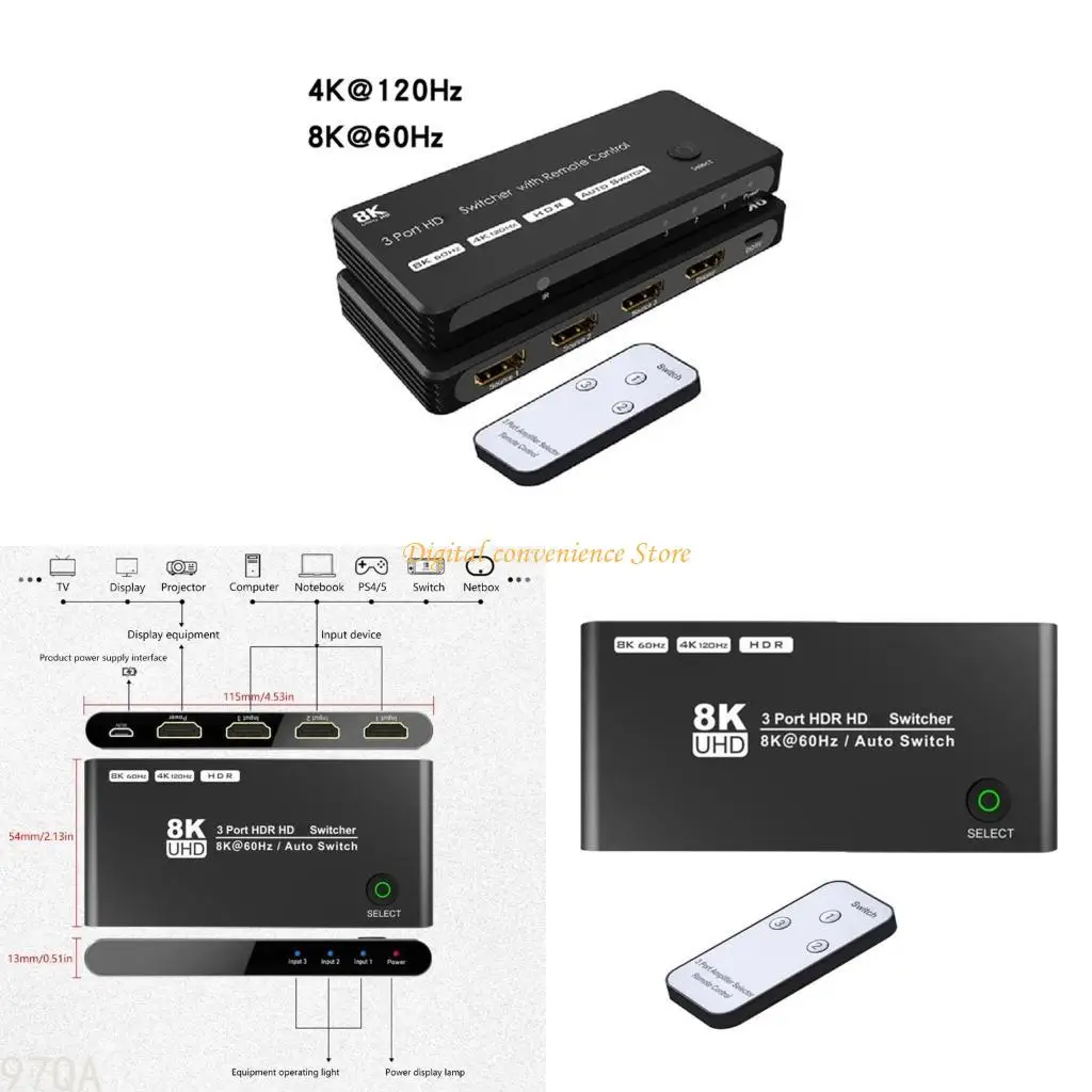 97QA 3 Port HDTV 8K Switcher مع دعم عن بُعد 8K@60Hz 4K@120Hz السرعة العالية 3 في 1 OUT