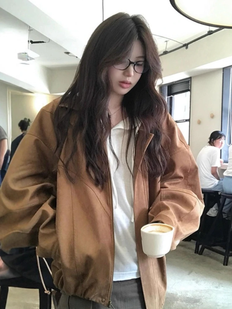 

2025 New Suede Bomber Jackets Women Outerwears Oversized Jacket Streetwear Zip Korean Fashion Loose Long Sleeve Coats Women Tops