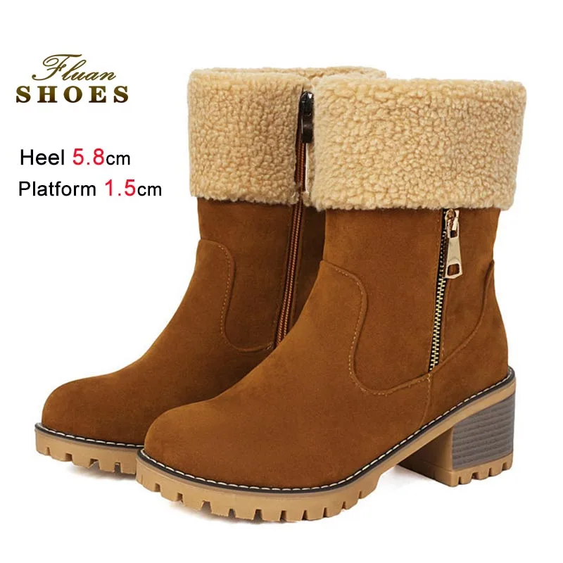 

Women Warm Snow Boots Suede Platform Coarse Heel Short Boots 5.8cm High Heels Thick Fleece Lined Ankle Boots Warm Cotton Shoes