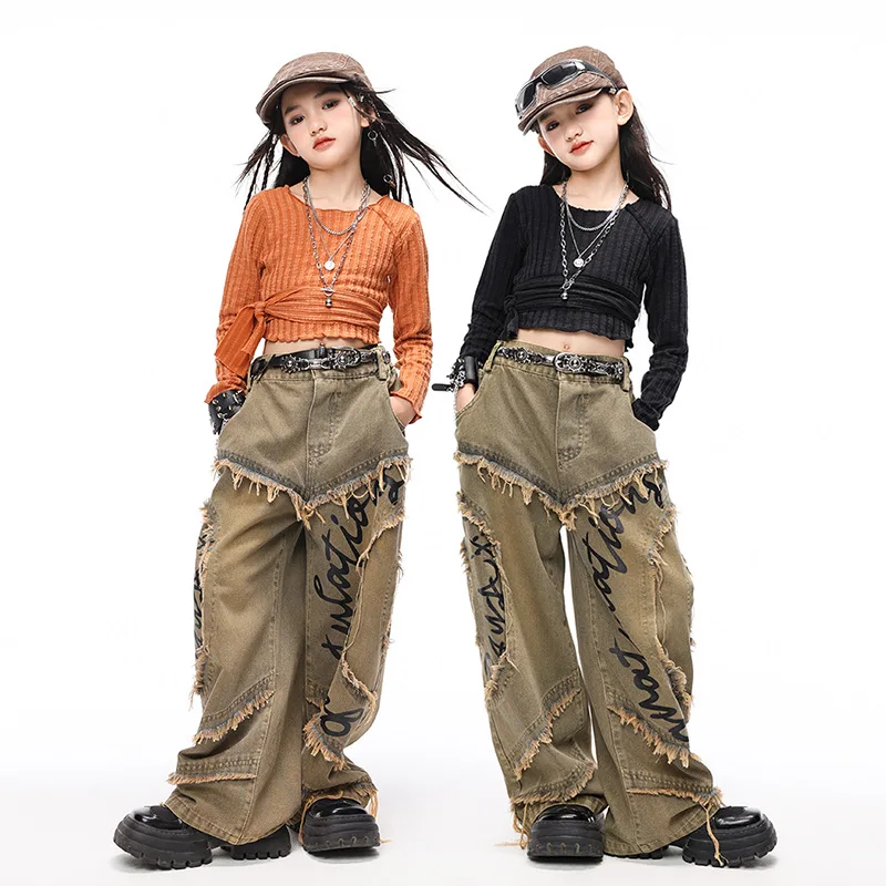 Jazz Dance girls Clothes set Child Trendy Street Performance suit short top+frayed edges Wide leg jeans Hip-Hop kids outfits