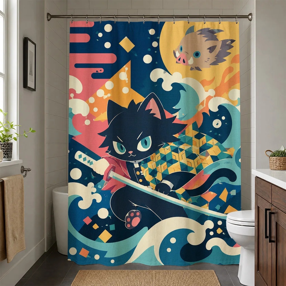 Cute Cartoon Cat Warrior Anime Shower Curtain Bathroom Decor Fun Pop Art Style for Kids and Adults