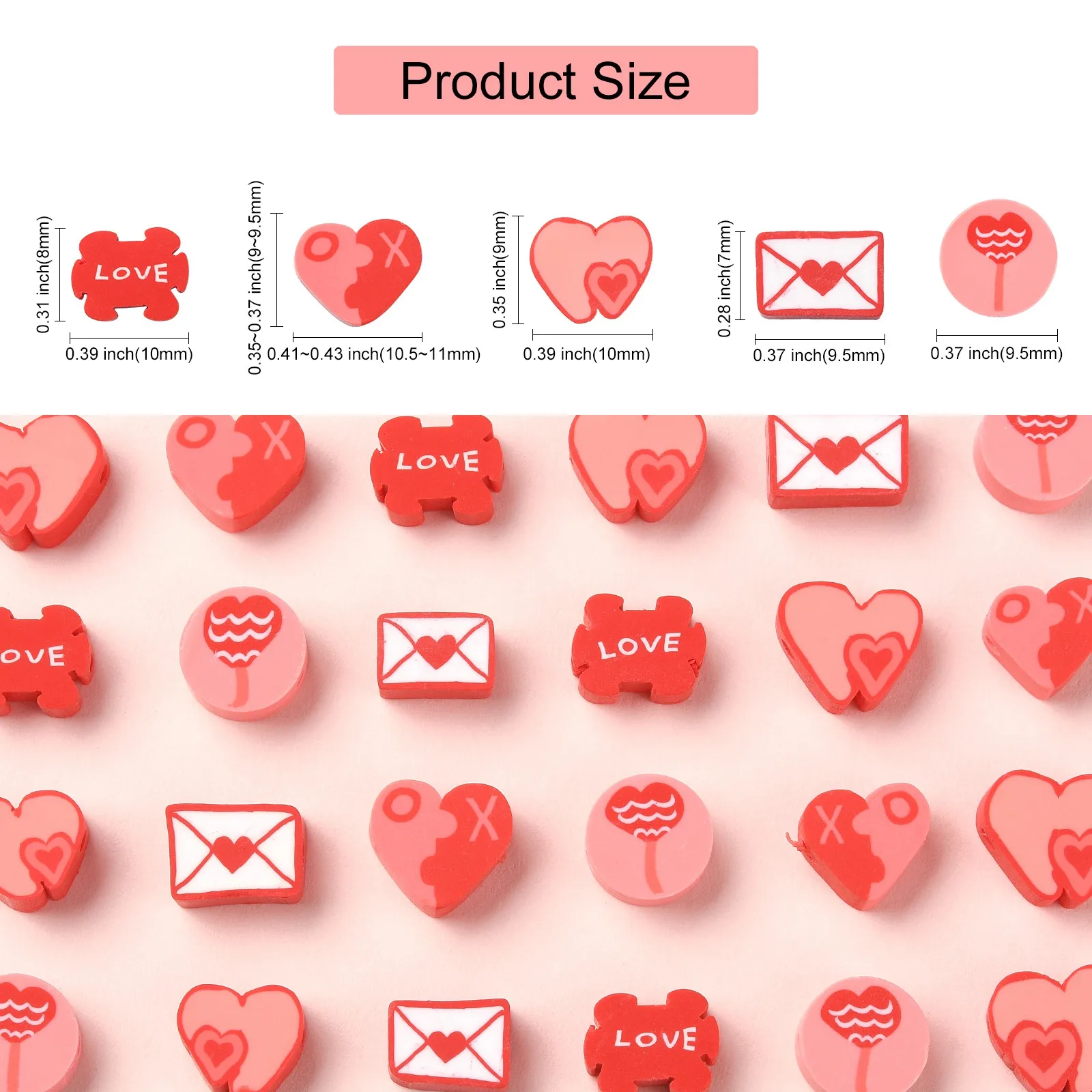 250Pcs Valentine's Day Theme Handmade Polymer Clay Beads Red Color Envelop Heart Round Beads for Bracelet Jewelry Making