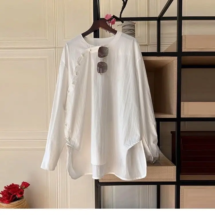 

Spring Autumn plus Size 300 Pou Chinese Sle round Ne Pearl Button White Long Sve irt Ele Top Youth ular Po...