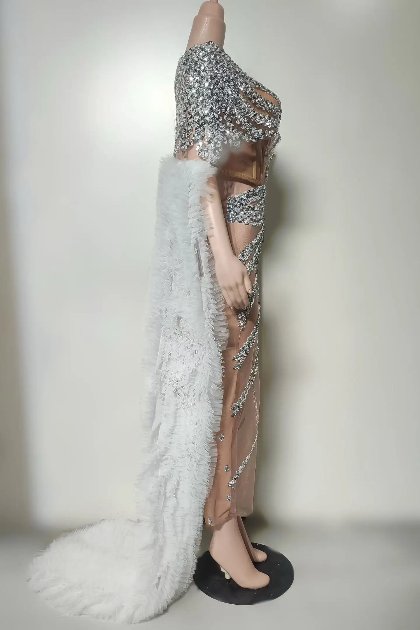 Nude Sheer Mesh Crop Tops Long Skirt 2Pieces Set Silver Sparkly Rhinestone White Feather Trailing Backless Bodycon Party Gown view 4