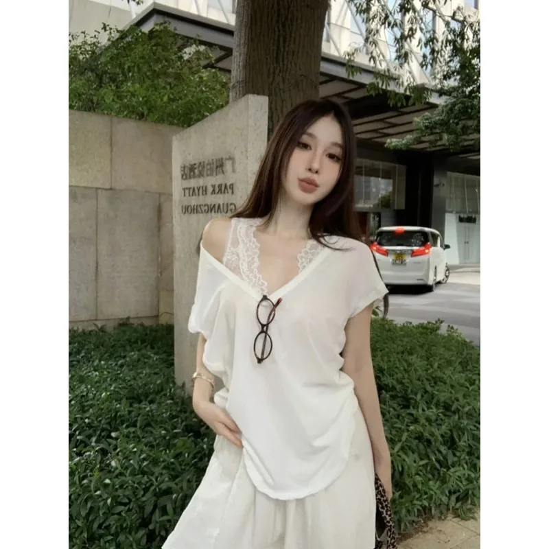 

Women's Lace Camisole Set White V-neck Short Sleeve Loose Sheer T-shirt Summer Casual Outfit
