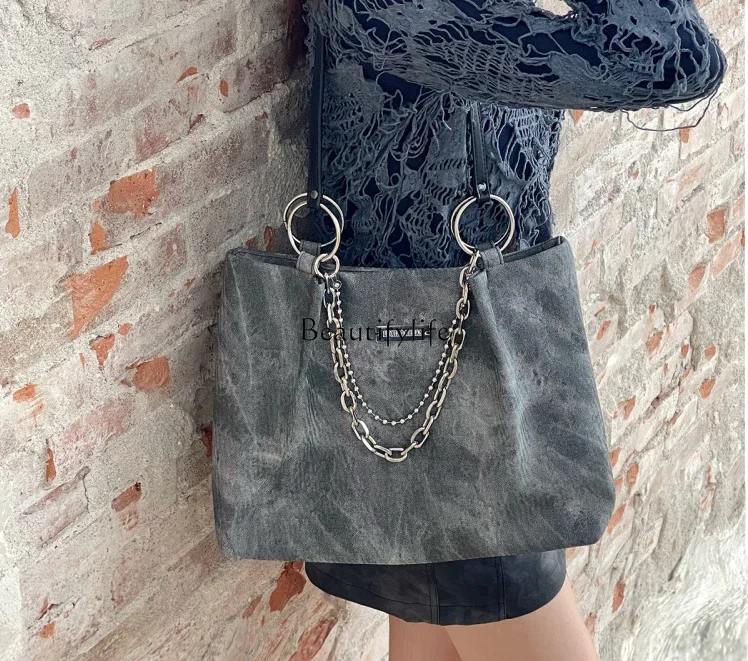 Chain Retro Denim Tote Bag Large Capacity Shoulder Bag