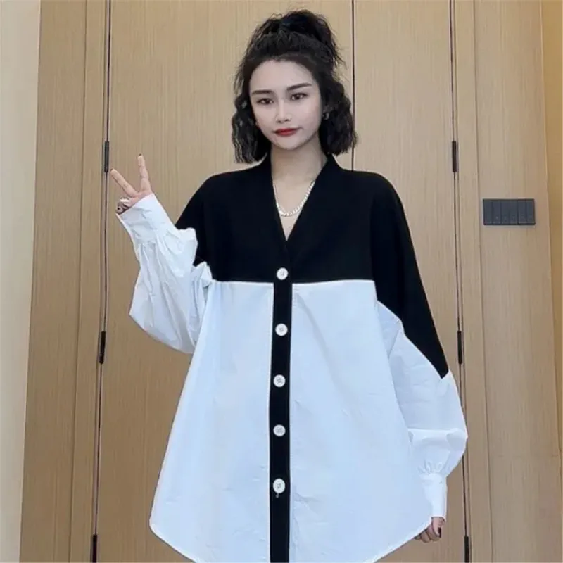 

300 Pounds Large Size Stripe Shirt For Women's Spring Autumn New Spliced Design V-Neck Long Sleeved Blouse Female Top