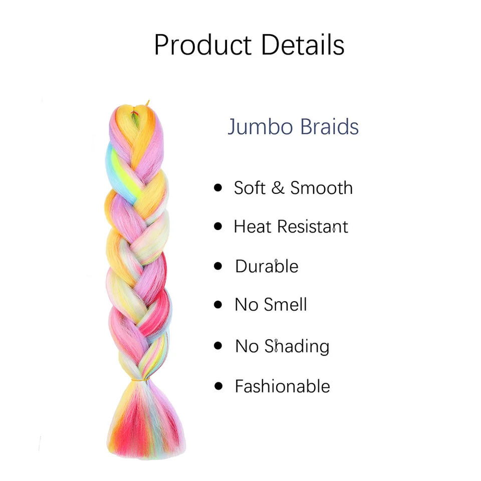 Cabello para trenzar jumbo en colores arcoíris, mezcla de fibra, giros coloridos sedosos, trenzas sintéticas de colores 3