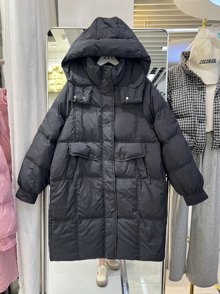 2025 new down jacket women's middle and long hooded thickened loose simple white duck down versatile jacket trend