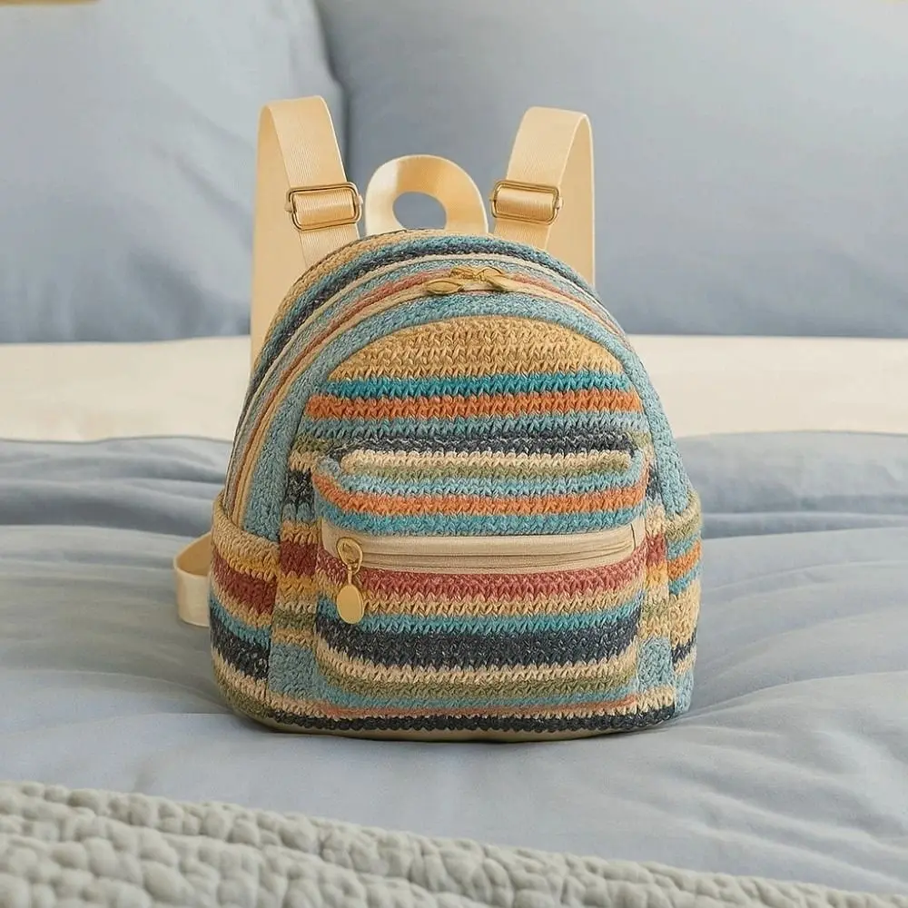 ポータブル織物小さなバックパックエスニックスタイル軽量わら織りバックパック大容量ポリエステルミニスクールバッグ毎日