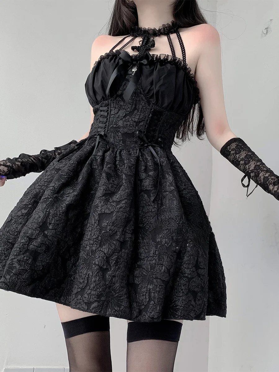 Summer Fashion Gothi Black Short Dress Women Dark Subculture Y2k JKS Female High Waist Slim Halloween Dresses Princess Dress