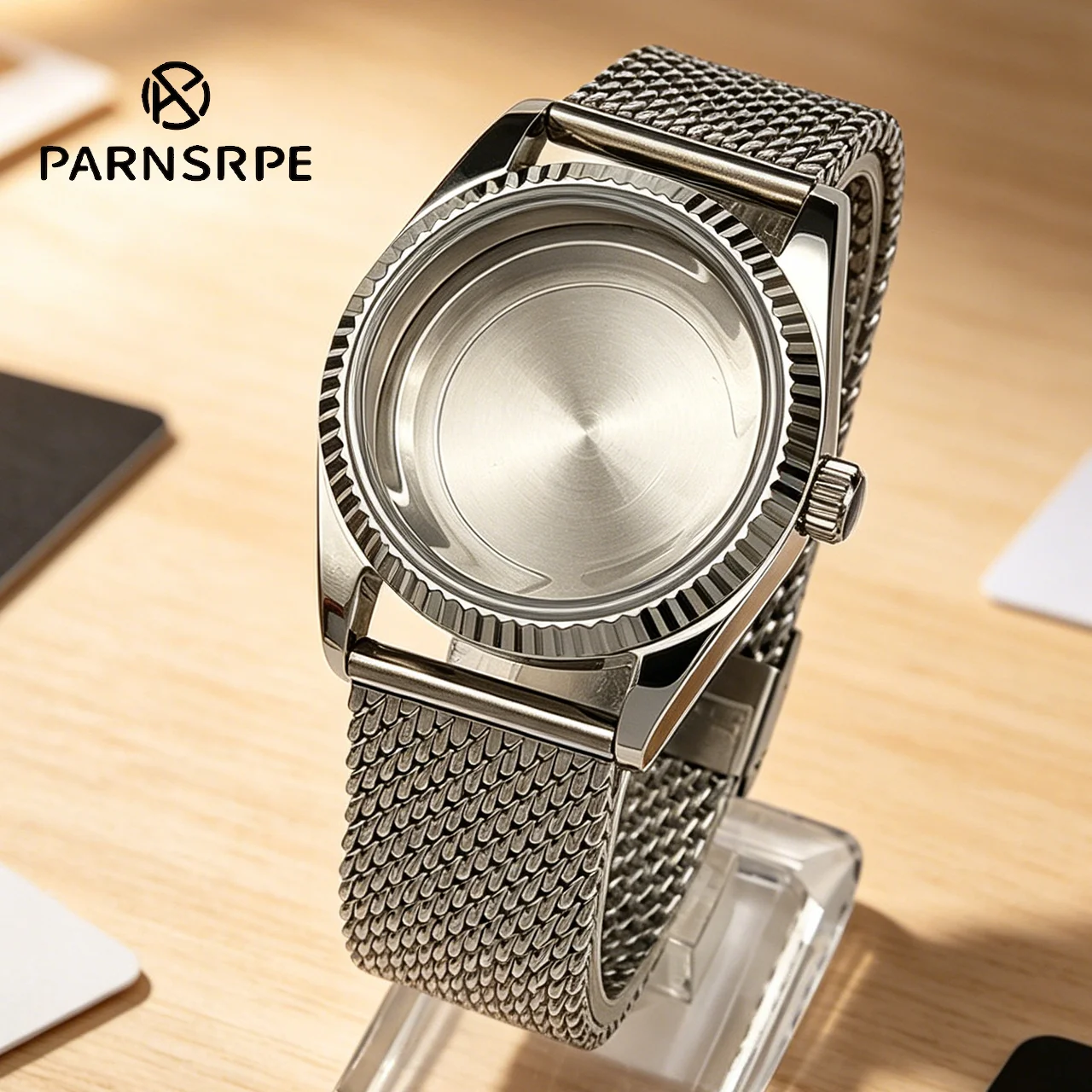 

PARNSRPE 36mm Daily Style 316L Stainless Steel Watch Case Bubble Crystal Gear Bezel Mesh Band 28.5mm Dial Fits NH35 Movement