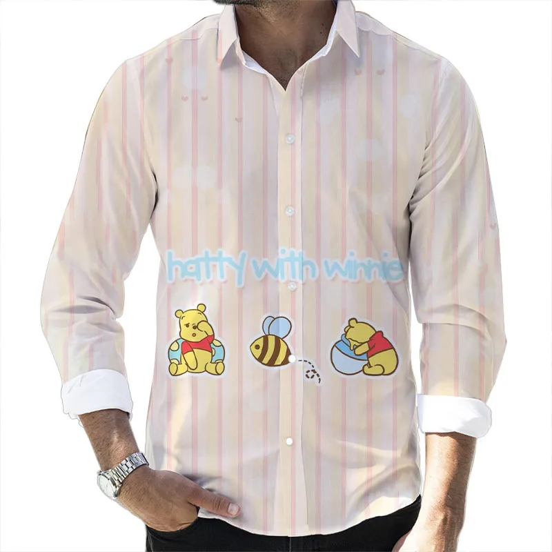 Street Style Mickey Minnie Cartoon 2024 Spring Harajuku New Fashion Casual 3D Printed Long Sleeve Lapel Shirt Slim Men's Top