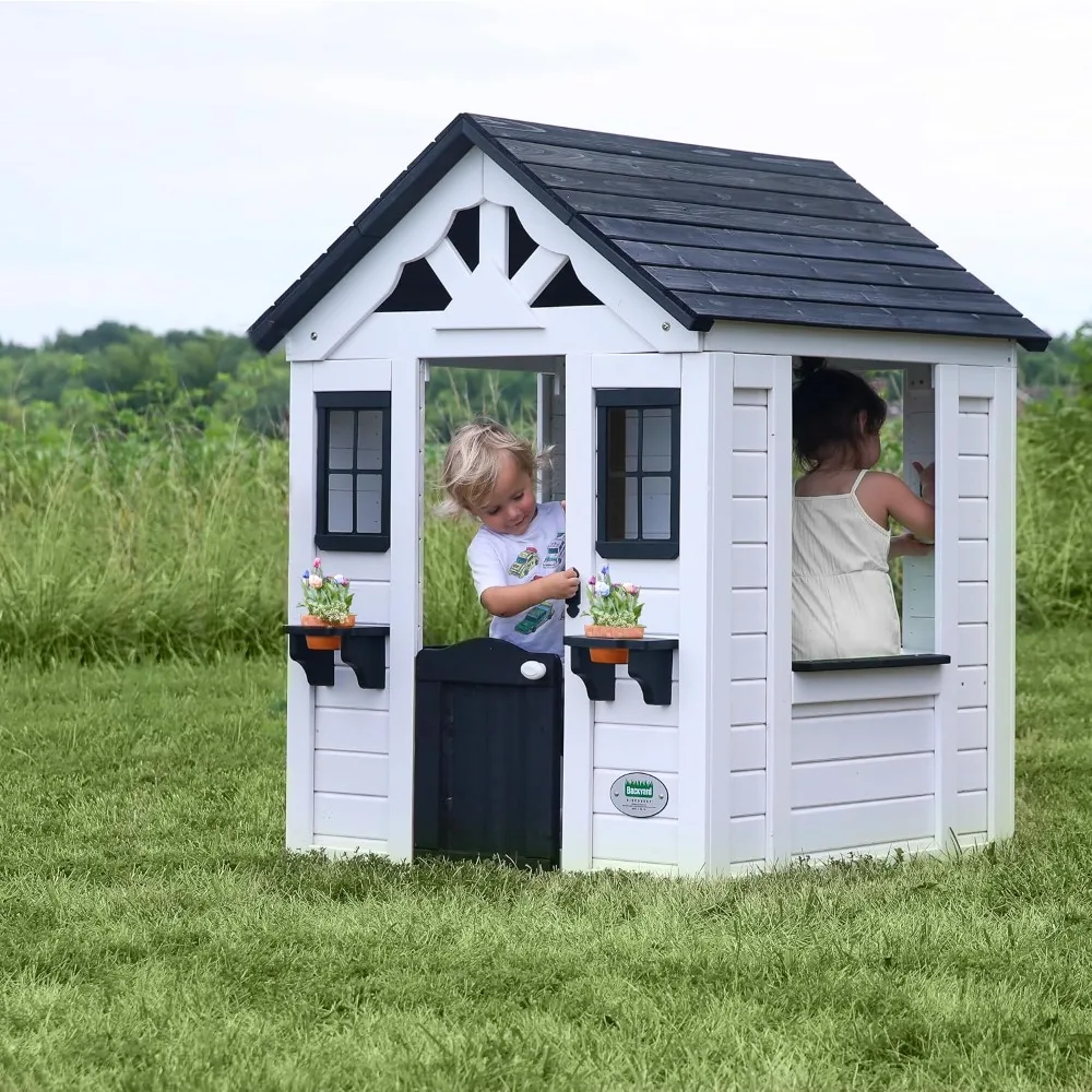 Backyard Discovery Sweetwater All Cedar White Modern Outdoor Wooden Playhouse,with Pot and Pans and Utensils, Ages 2-6