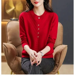Women's Clothing Sweater Knitted Pullover Round Neck Button Solid Color Lantern Long Sleeve Elegant Autumn Winter All-match Tops