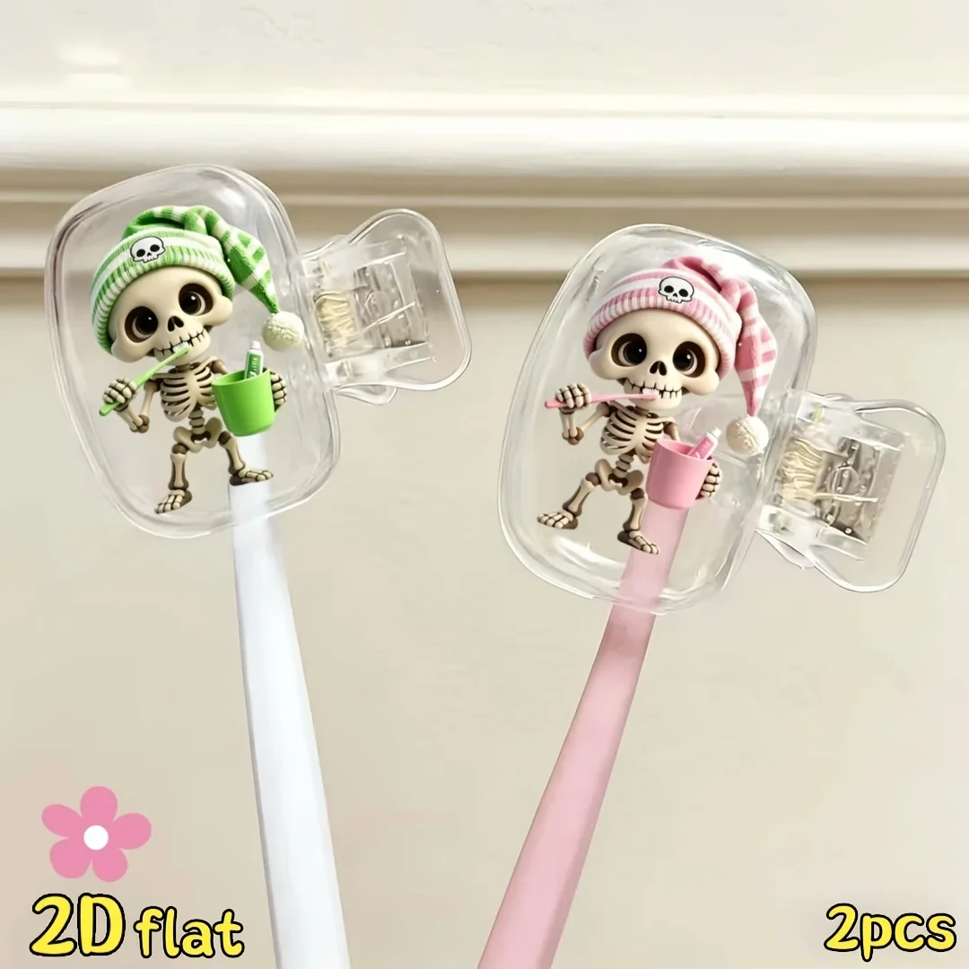 2pcs Skeleton Monsters with Different Colored Knit Hats Brushing Teeth Toothbrush Clips Portable Combination Set Gift for Boys